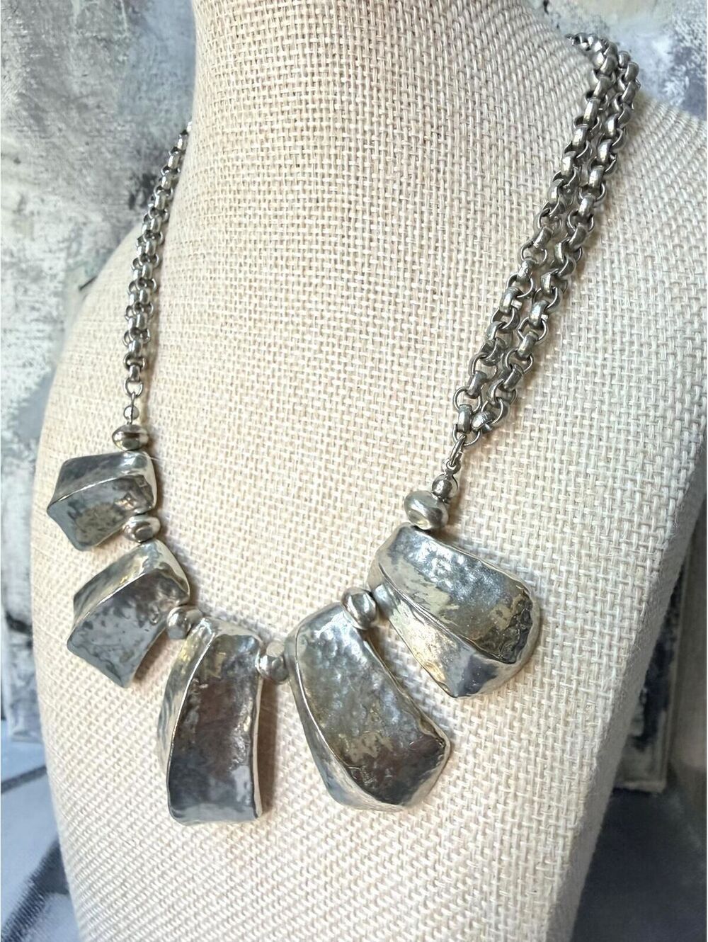 Chico's Silver Tone Statement Necklace Geometric Hammered - Picture 2 of 8